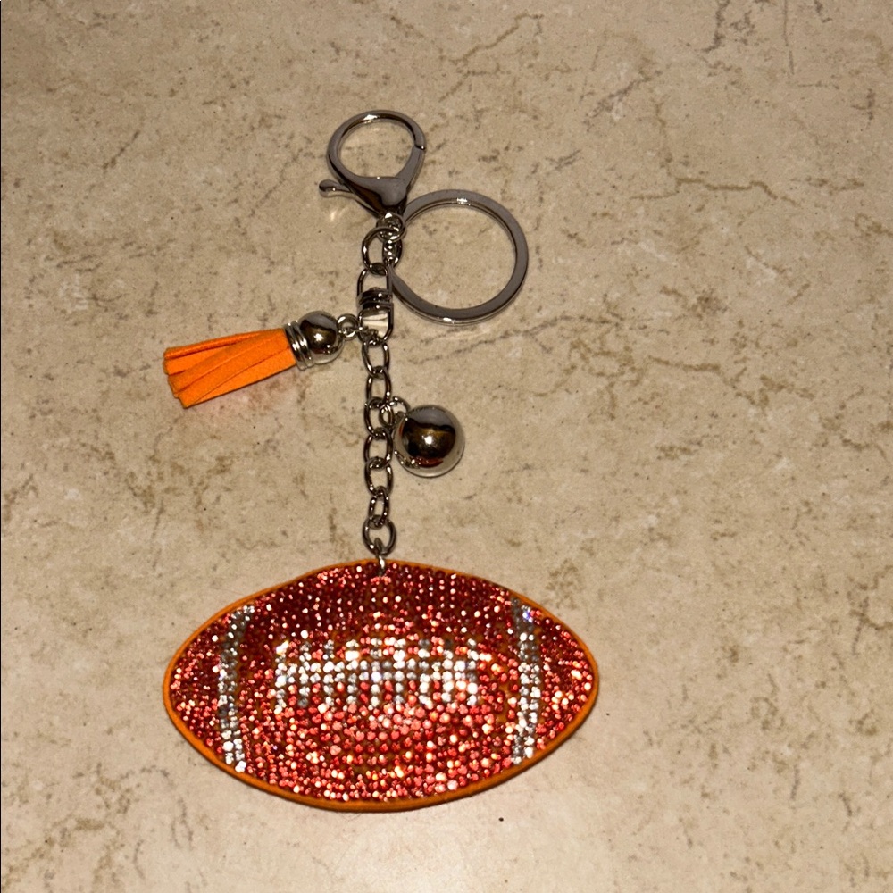 Orange Rhinestone Football Keychain